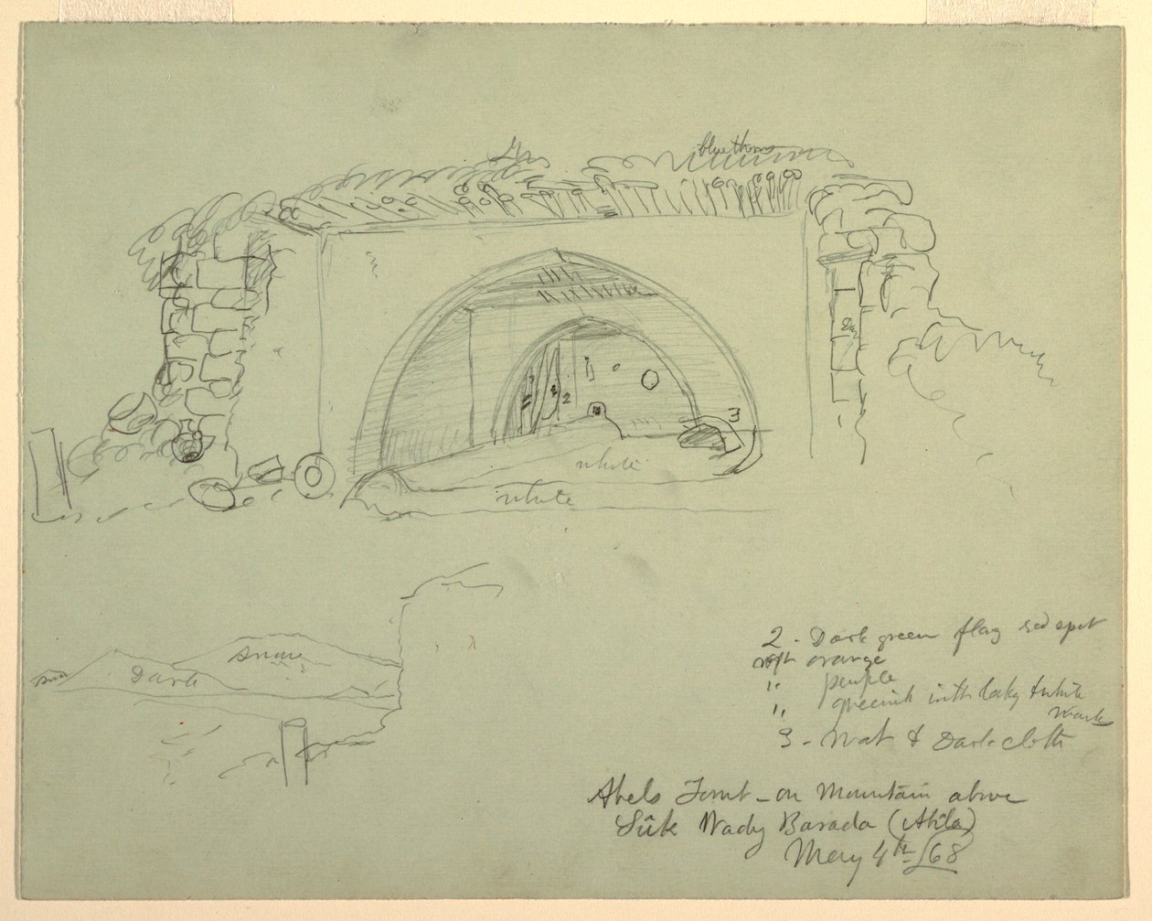 Tekening, Abels graf op de berg boven Suk Wadi, 4 mei 1868 door Frederic Edwin Church