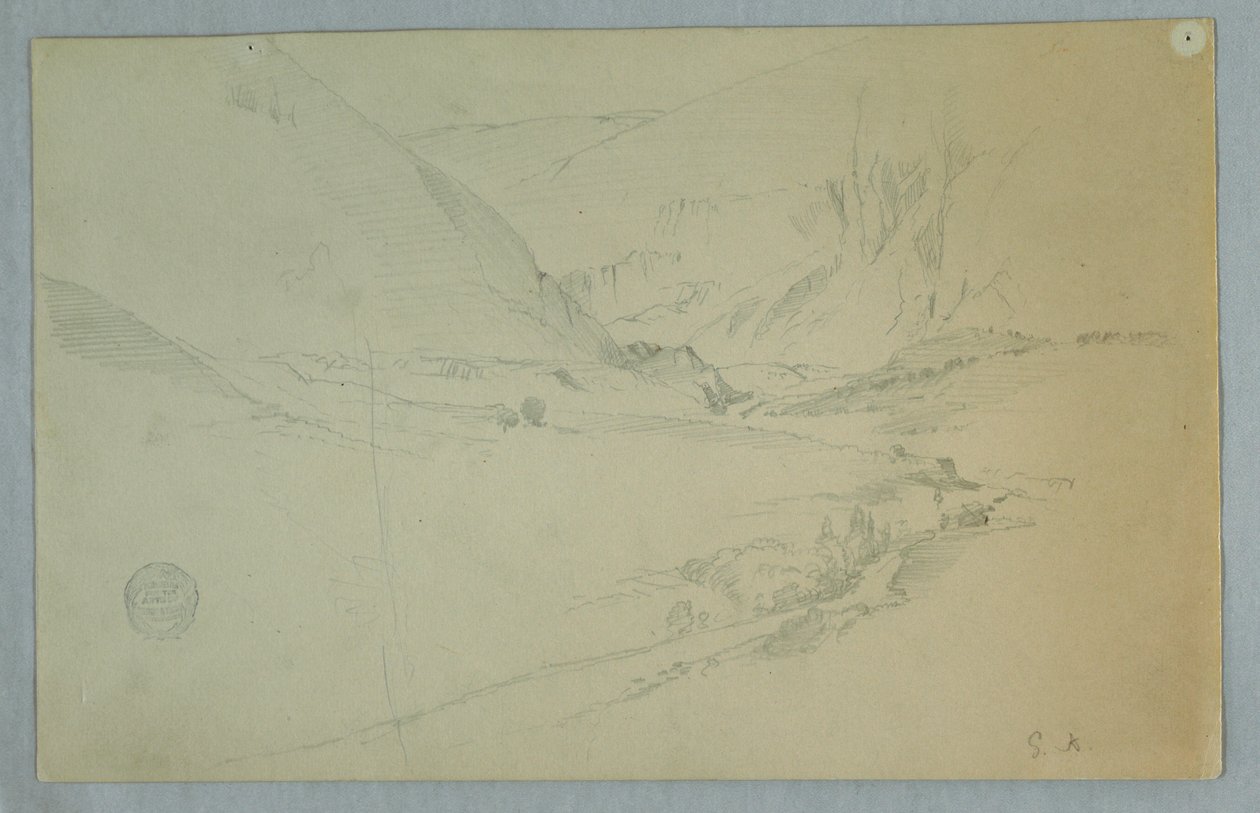 Tekening, Andiaanse bergvallei met kronkelende stroom, Colombia of Ecuador, 1857 door Frederic Edwin Church