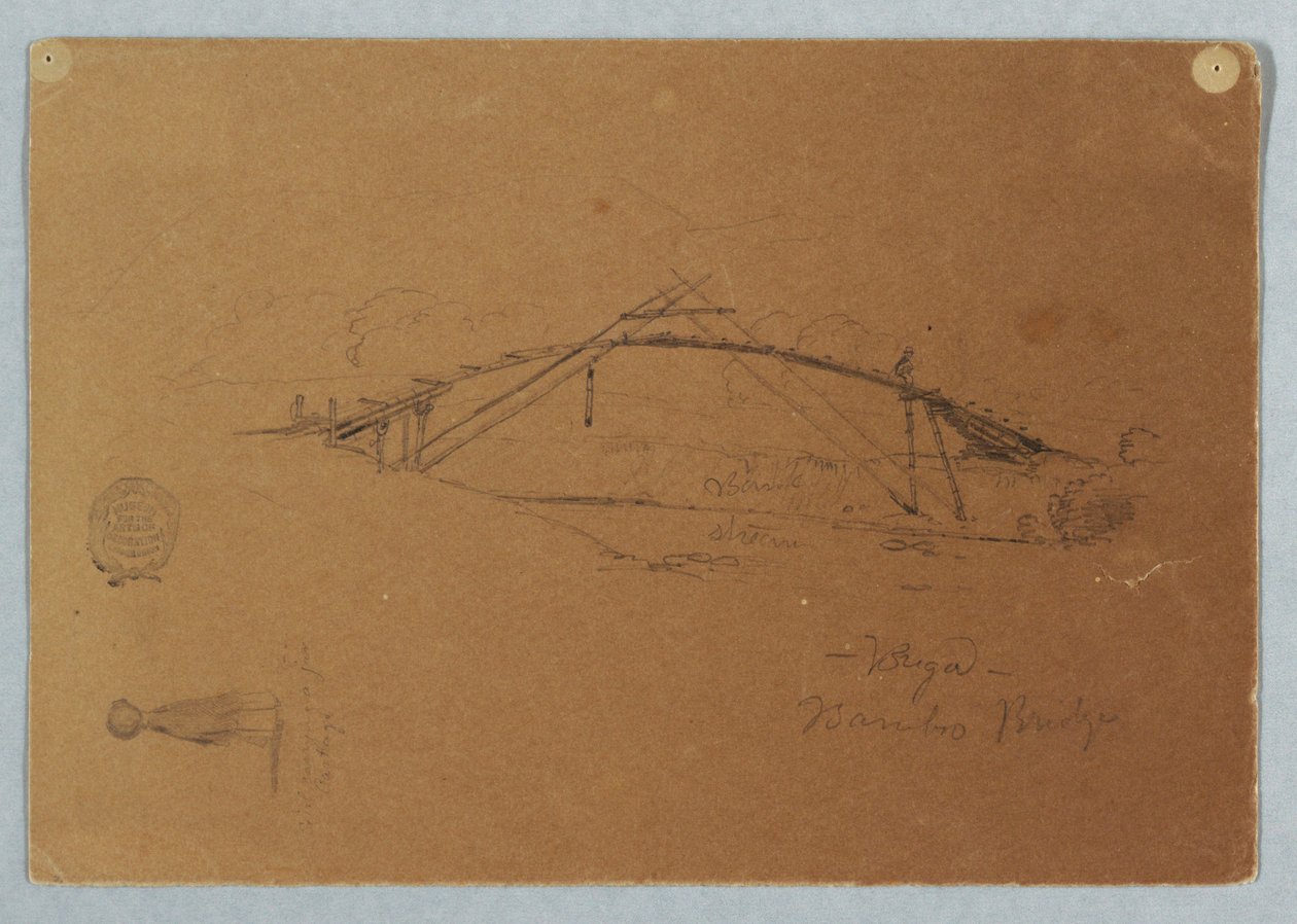 Tekening, Bamboe Brug bij Buga, Colombia en Meisje Draagt een Kruik, Cartago, Colombia, juli 1853 door Frederic Edwin Church