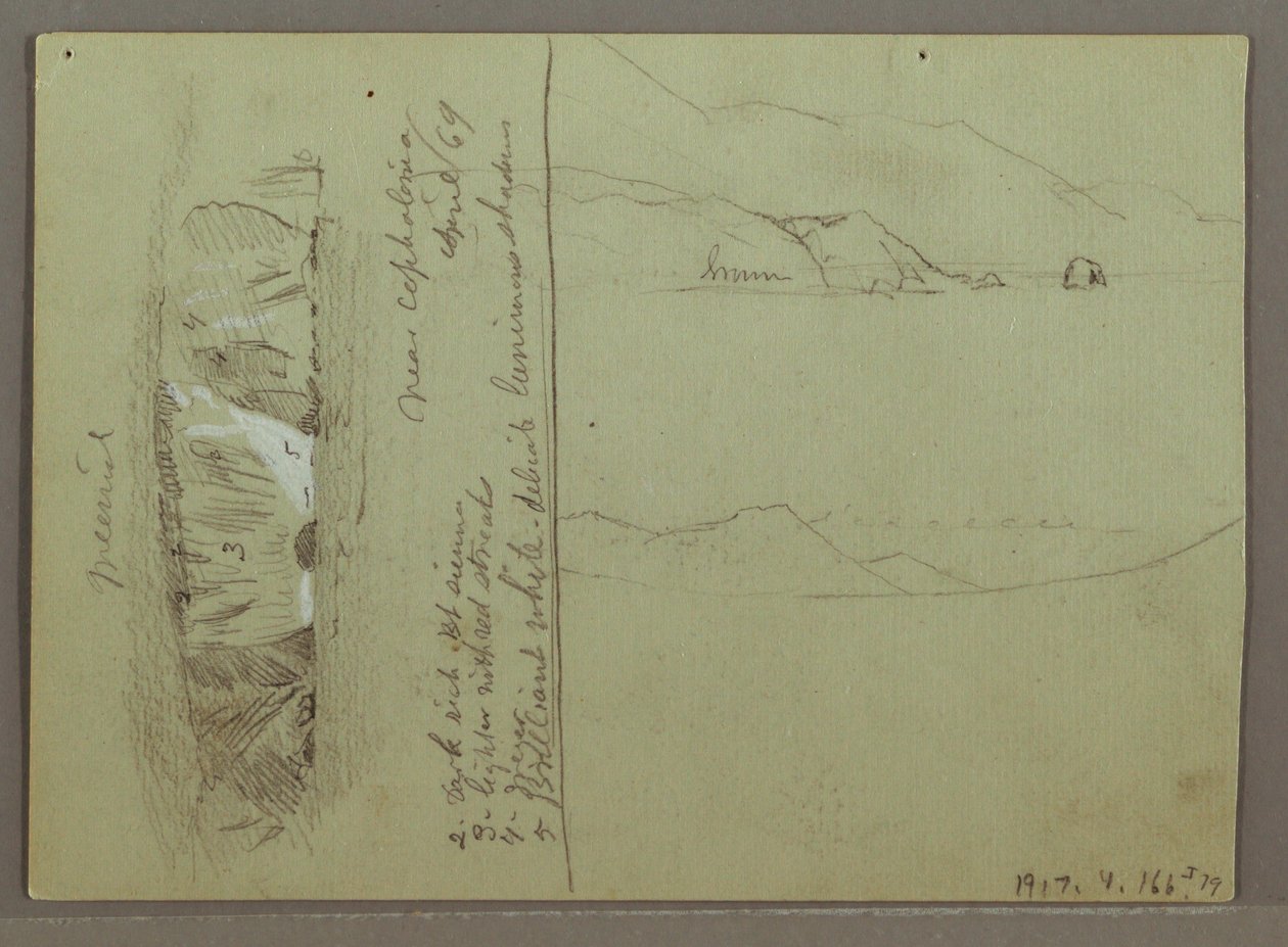Tekening, Kale heuvel, Akropolis in Korinthe, Griekenland, april 1869 door Frederic Edwin Church