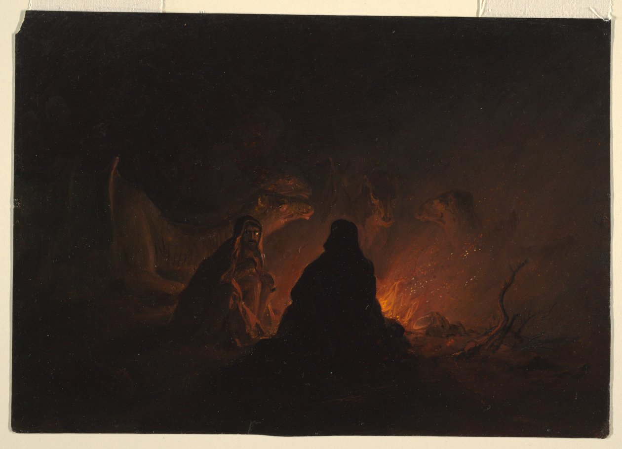 Tekening, bedoeïenen in kamp bij nacht, februari of maart 1868 door Frederic Edwin Church