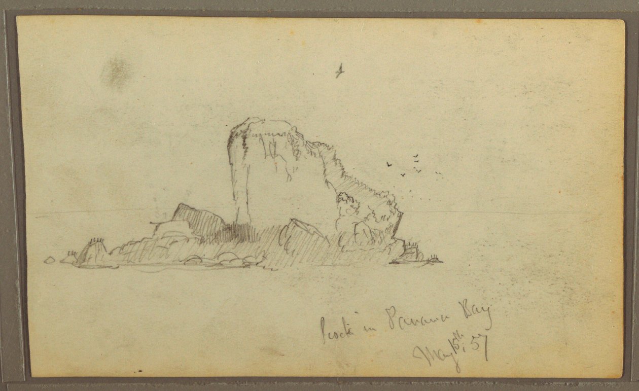 Tekening, Bireds, "Rots in Panama Bay"; Verso: "Zware wijnranken", 15 mei 1857 door Frederic Edwin Church