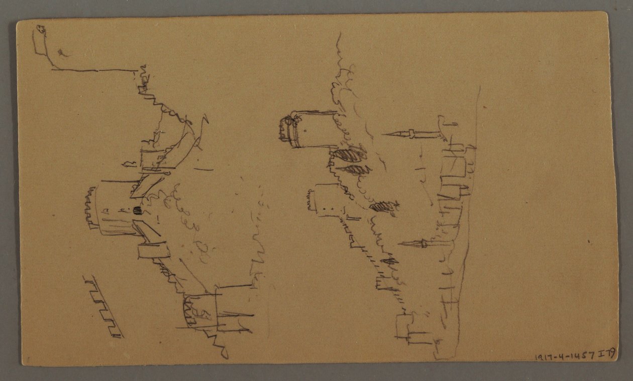 Tekening, Bootstudies, Wolkenstudie, Twee gebouwen, mogelijk 1868 door Frederic Edwin Church