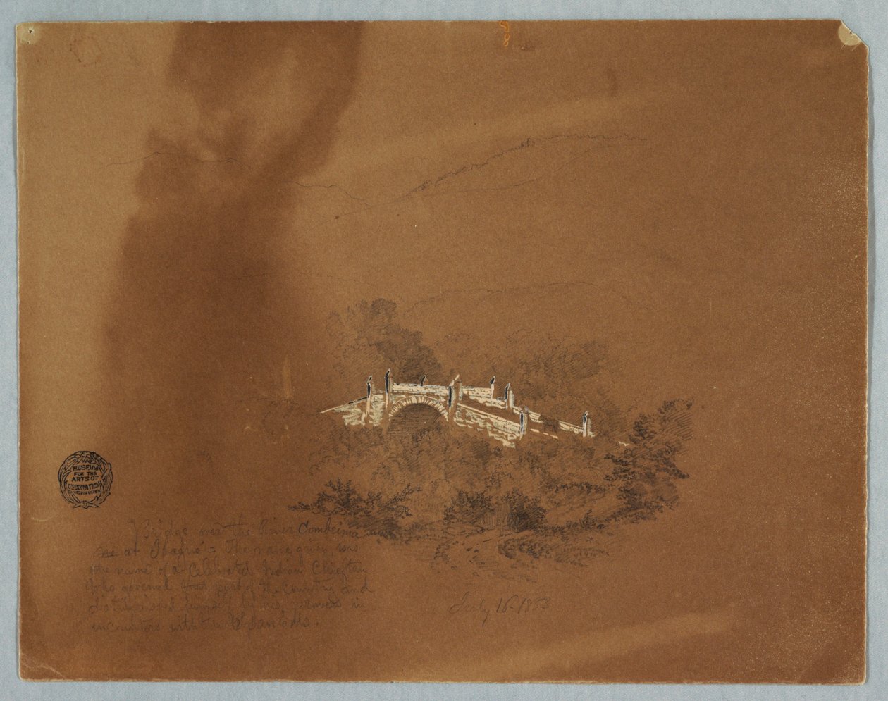 Tekening, Brug over de rivier Combeima bij Ibaque, Colombia, 16 juli 1853 door Frederic Edwin Church
