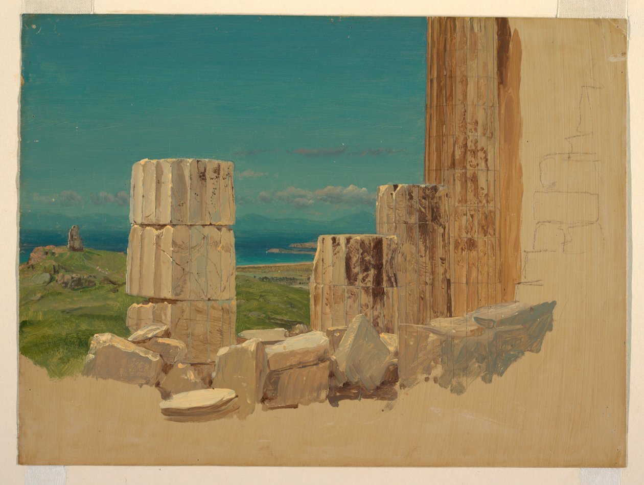 Tekening, Gebroken zuilen, uitzicht vanaf het Parthenon, Athene, april 1869 door Frederic Edwin Church