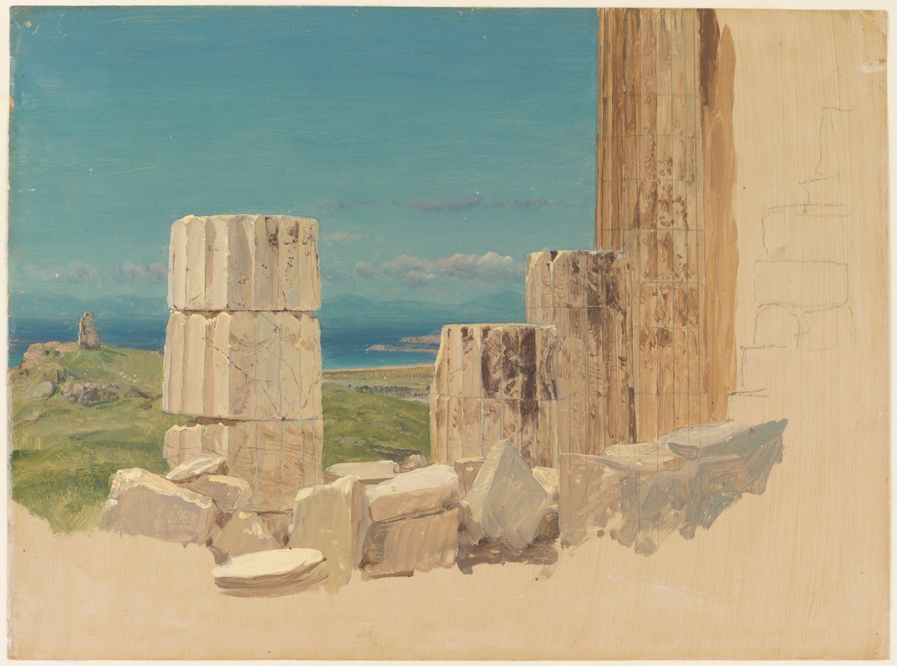 Tekening, Gebroken zuilen, uitzicht vanaf het Parthenon, Athene, april 1869 door Frederic Edwin Church
