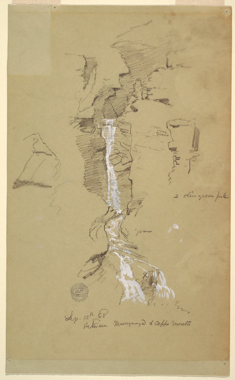Tekening, Waterval tussen Ceppo Morelli & Macugnaga door Frederic Edwin Church