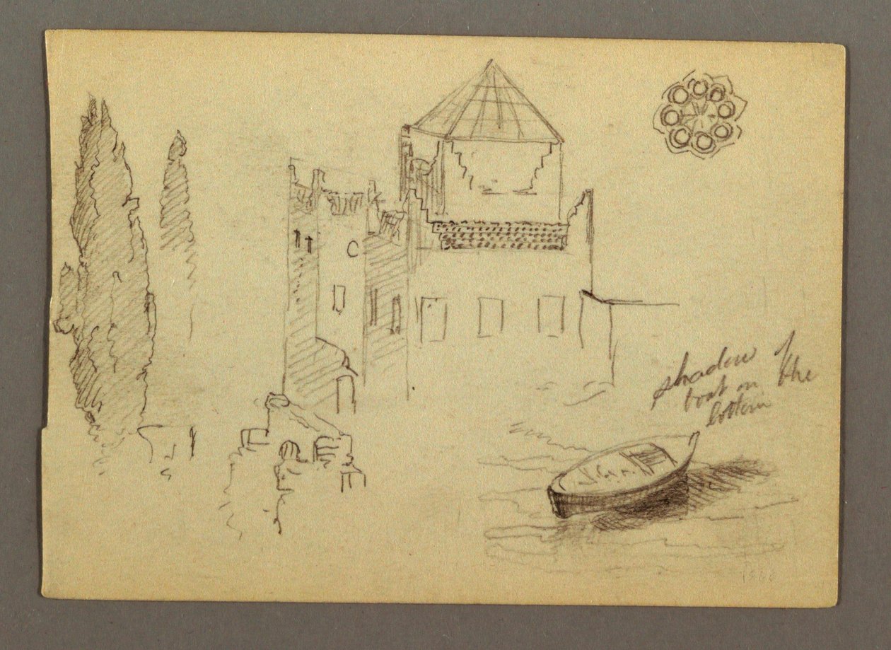 Tekening, Kasteel aan het water, boot, bomen, mogelijk 1868 door Frederic Edwin Church
