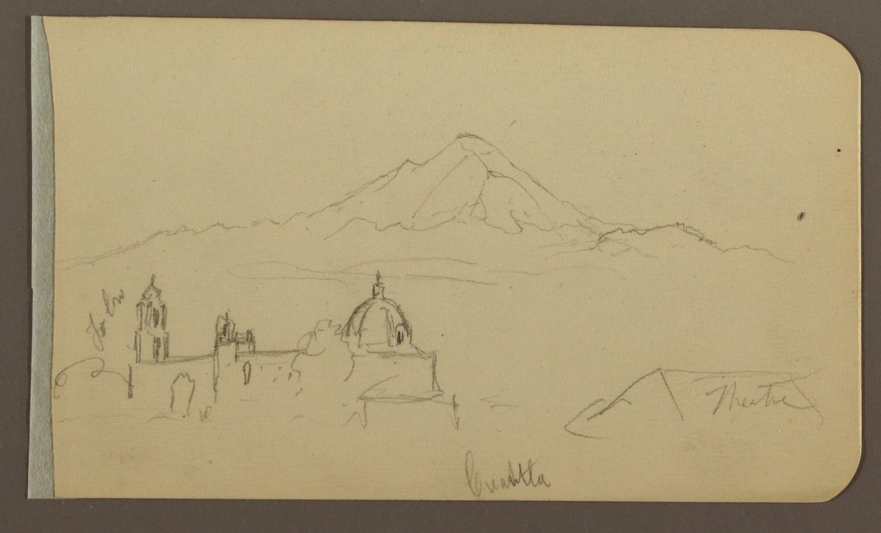 Tekening, Kathedraal, Berg, Cuautla; Verso: Huis, Kerk, Boom Cuautla, februari 1885 door Frederic Edwin Church