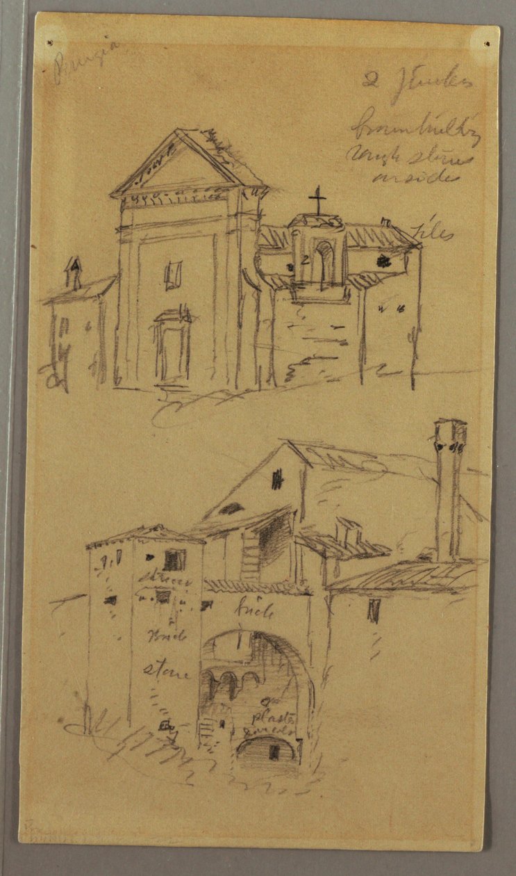 Tekening, Kerk, Gebouw, Overdekte Brug, mogelijk 1868-69 door Frederic Edwin Church