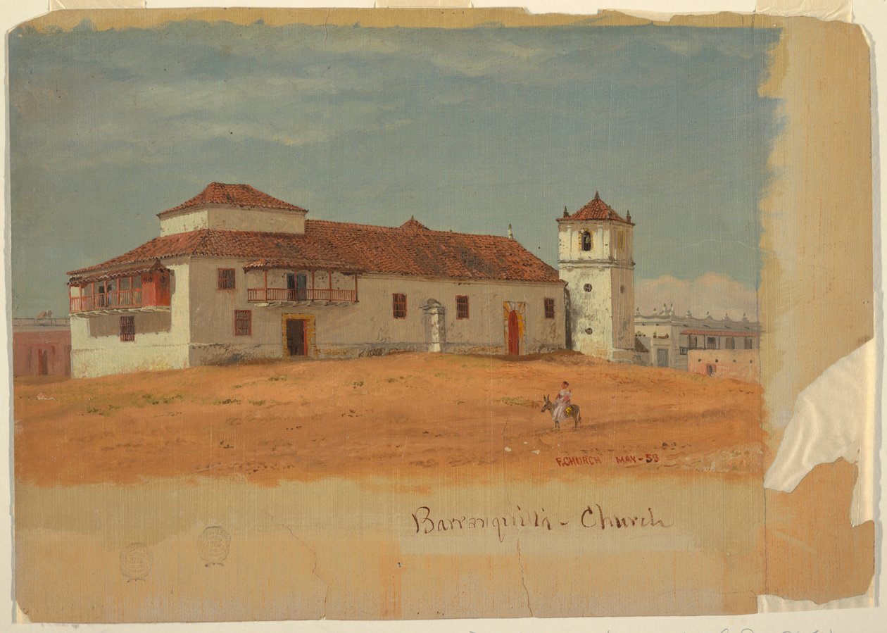 Tekening, Kerk in Barranquilla, Colombia, mei 1853 door Frederic Edwin Church