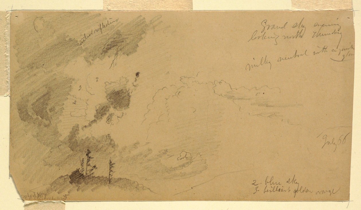 Tekening, bewolkte avondlucht boven een heuvelrug, juli 1866 door Frederic Edwin Church