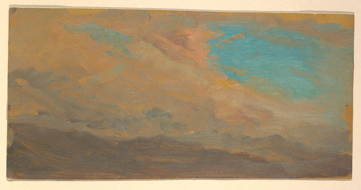 Tekening, bewolkte lucht boven bergen; Verso: elevatie van een monument, juli 1865 door Frederic Edwin Church