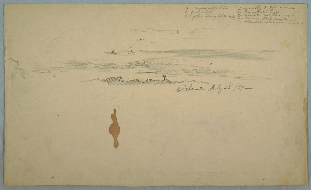 Tekening, Bewolkte lucht boven omlijnde heuvels, Ecuador, 23 juli 1857 door Frederic Edwin Church