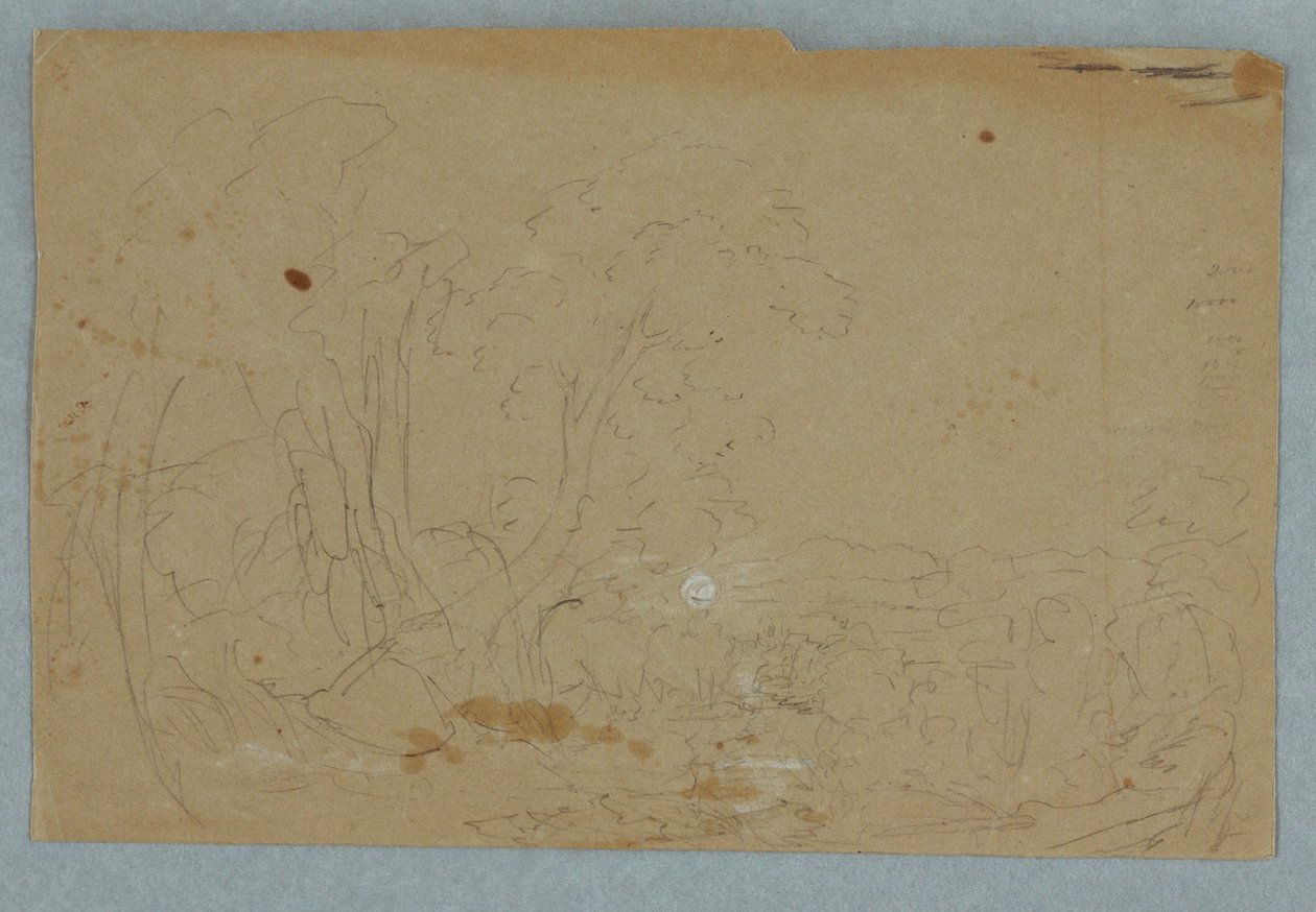 Tekening, Bewolkte lucht boven heuvelachtig landschap; Verso: Volle maan weerspiegeld in een beek, 1845-50 door Frederic Edwin Church