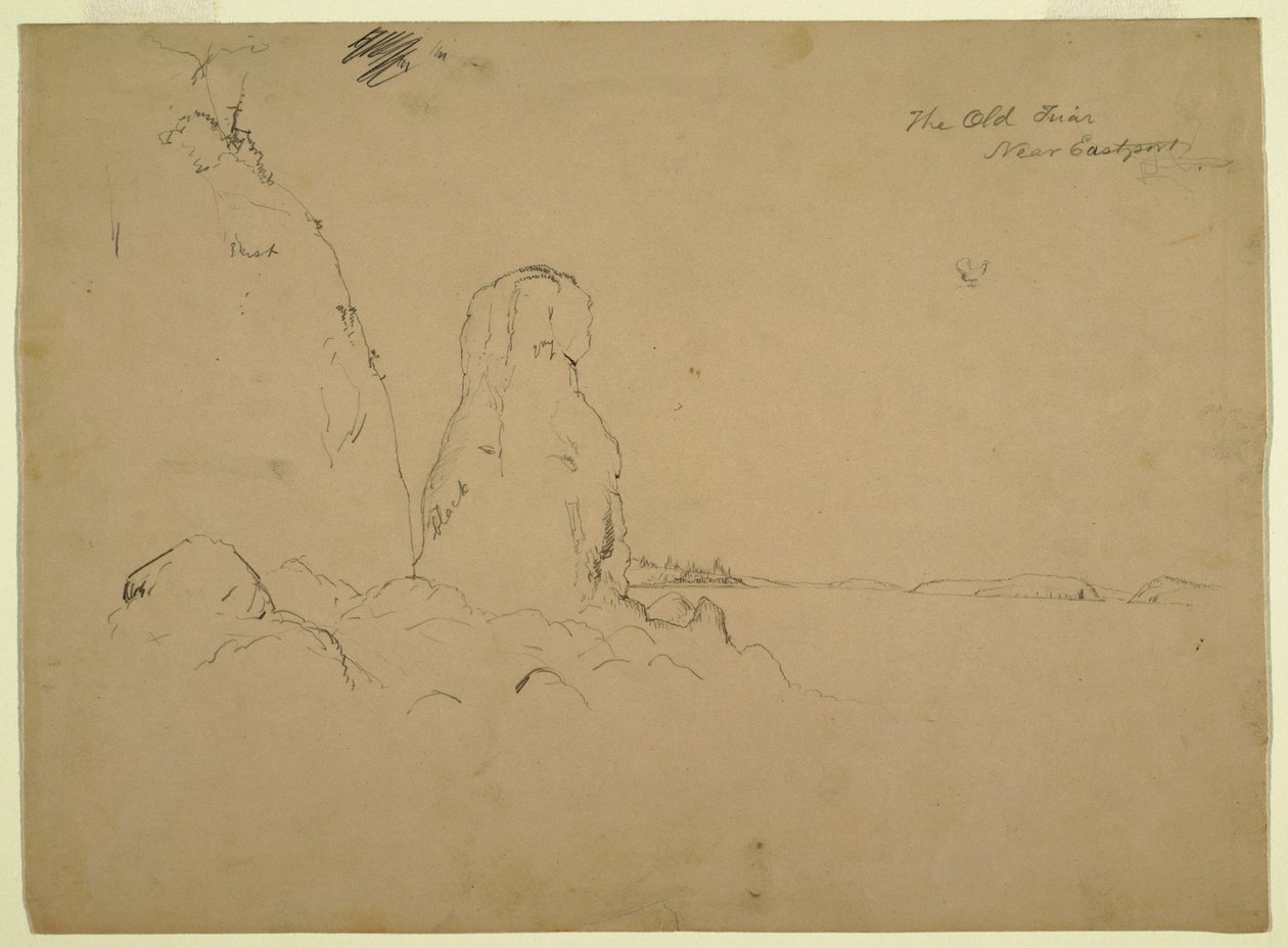Tekening, Kust met "De oude broeder Neaer Eastport", ca. 1851 door Frederic Edwin Church