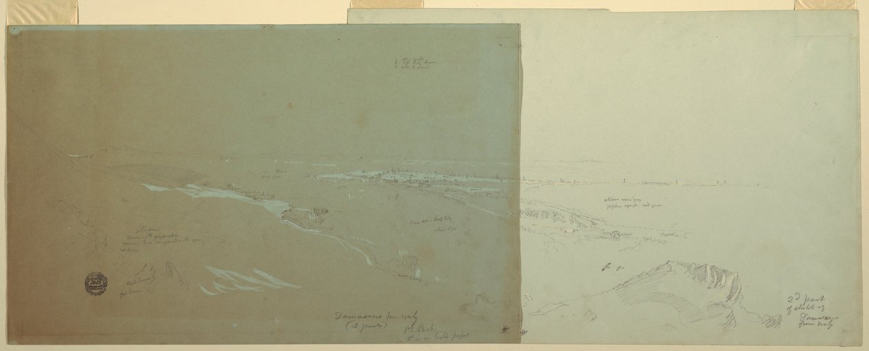 Tekening, Damascus, Syrië, gezien vanuit het noordwesten, deel 2, april of mei 1868 door Frederic Edwin Church
