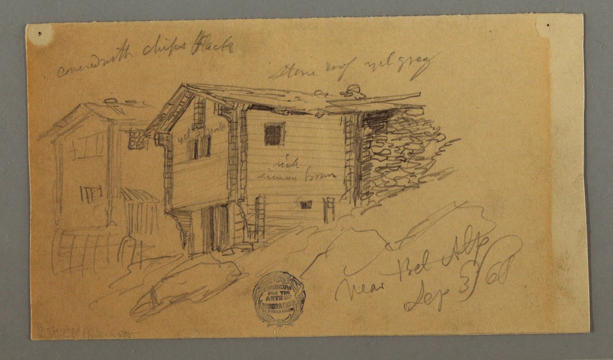 Tekening, Details van bergschuren, huizen en een rots, Berner Alpen, Zwitserland, 3 september 1868 door Frederic Edwin Church