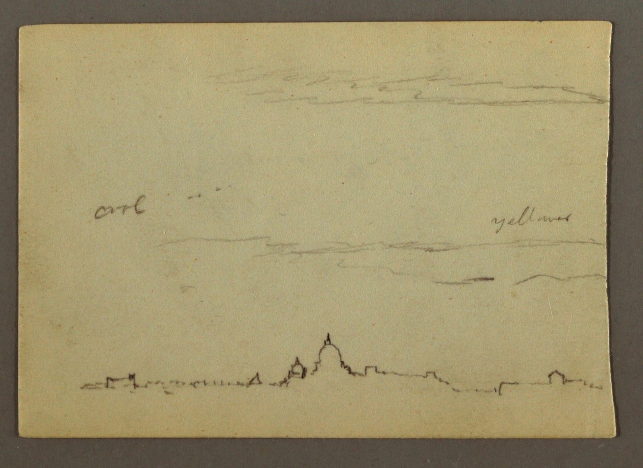 Tekening, Ver uitzicht op de Sint-Pietersbasiliek en het Vaticaan, Rome, Italië, januari 1869 door Frederic Edwin Church