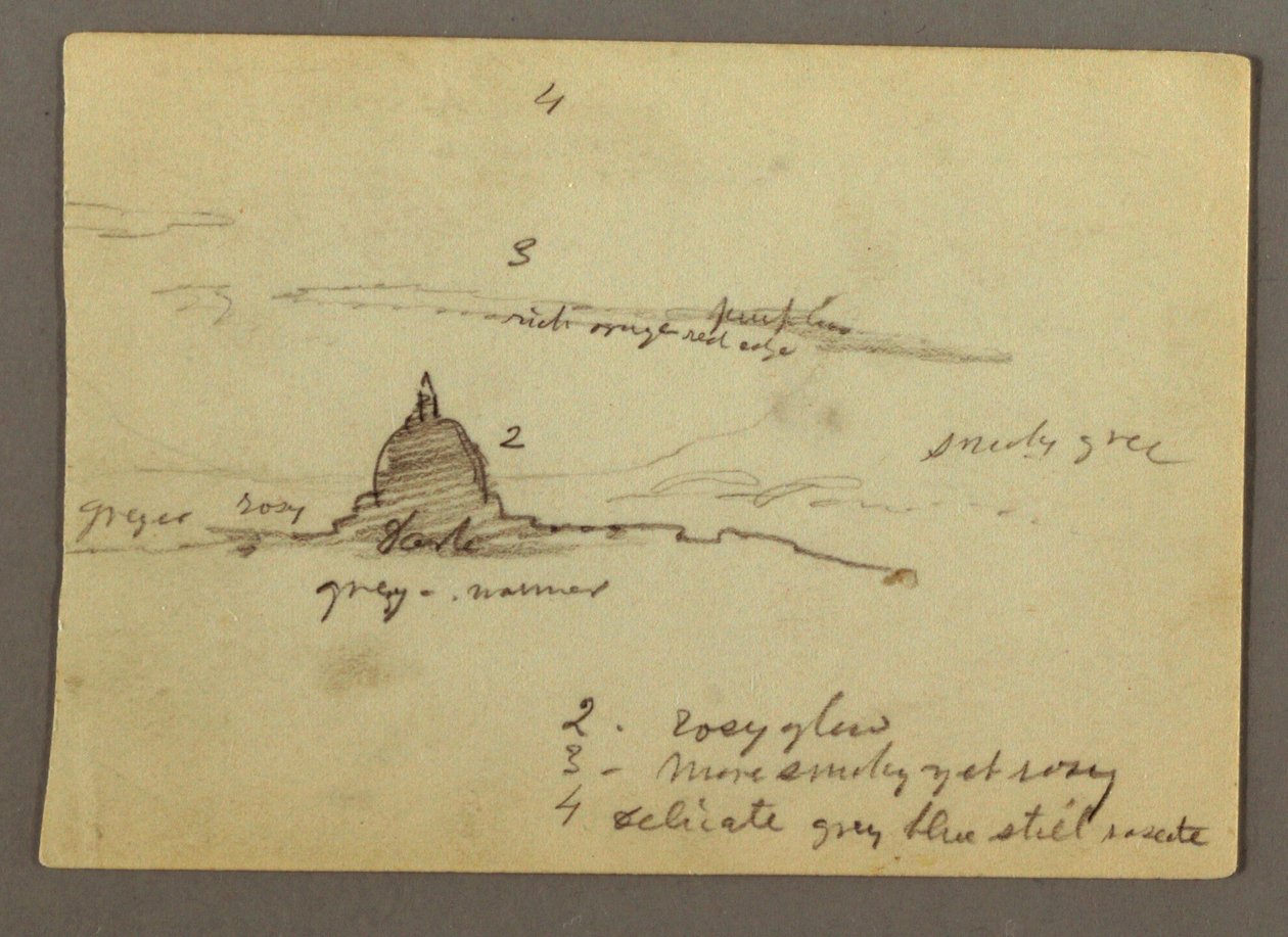 Tekening, Ver uitzicht op de koepel van de Sint-Pietersbasiliek, Rome, Italië, januari 1869 door Frederic Edwin Church