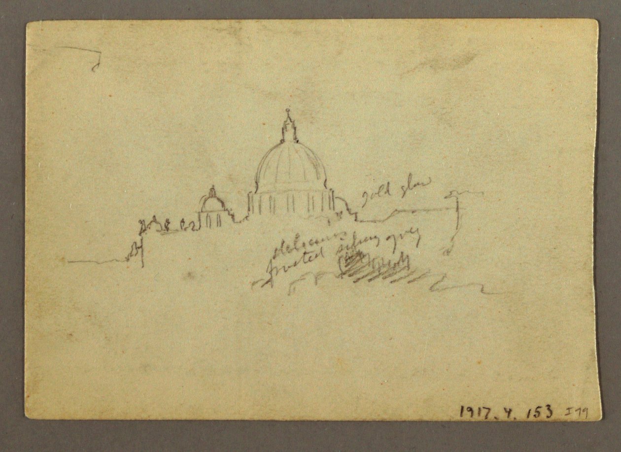 Tekening, Ver uitzicht op de koepel van de Sint-Pietersbasiliek, Rome, Italië, januari 1869 door Frederic Edwin Church