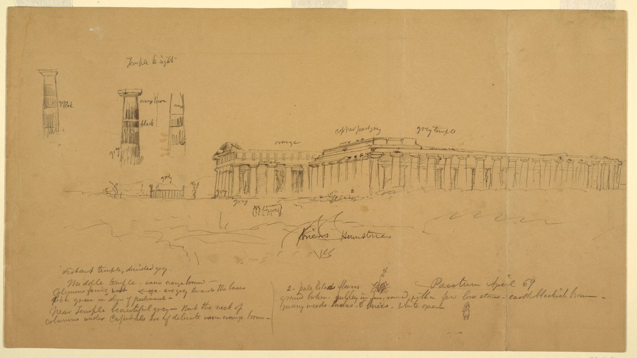 Tekening, Dorische Griekse tempels van Athena (voorheen Ceres), Hera II (voorheen Neptunus), en Hera I (voorheen Basilica), Paestum, Salerno, Italië, april 1869 door Frederic Edwin Church
