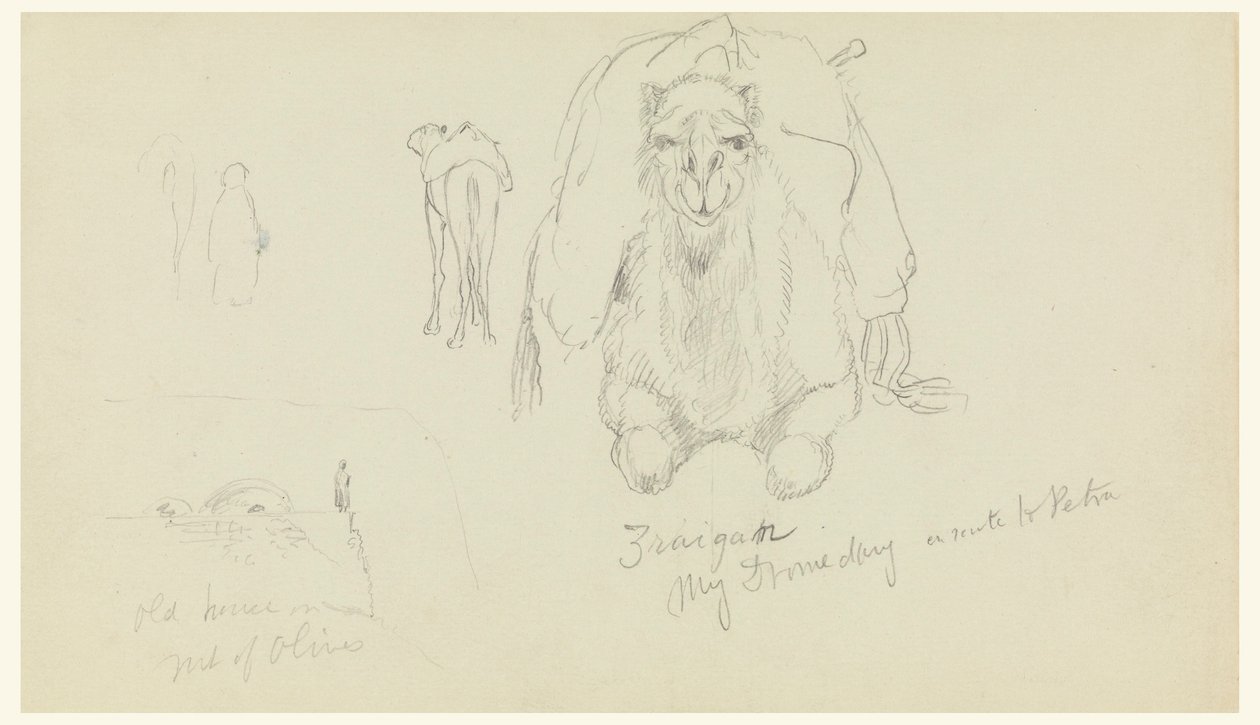 Tekening, Dromedaris; Oud huis op M, februari 1868 door Frederic Edwin Church