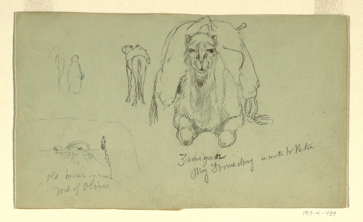 Tekening, Dromedaris; Oud huis op M, februari 1868 door Frederic Edwin Church