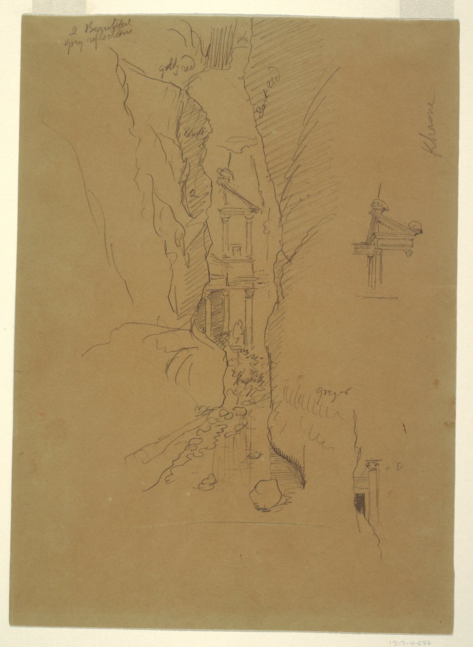 Tekening, El Khasneh van de Sik, Petra, eind februari 1868 door Frederic Edwin Church