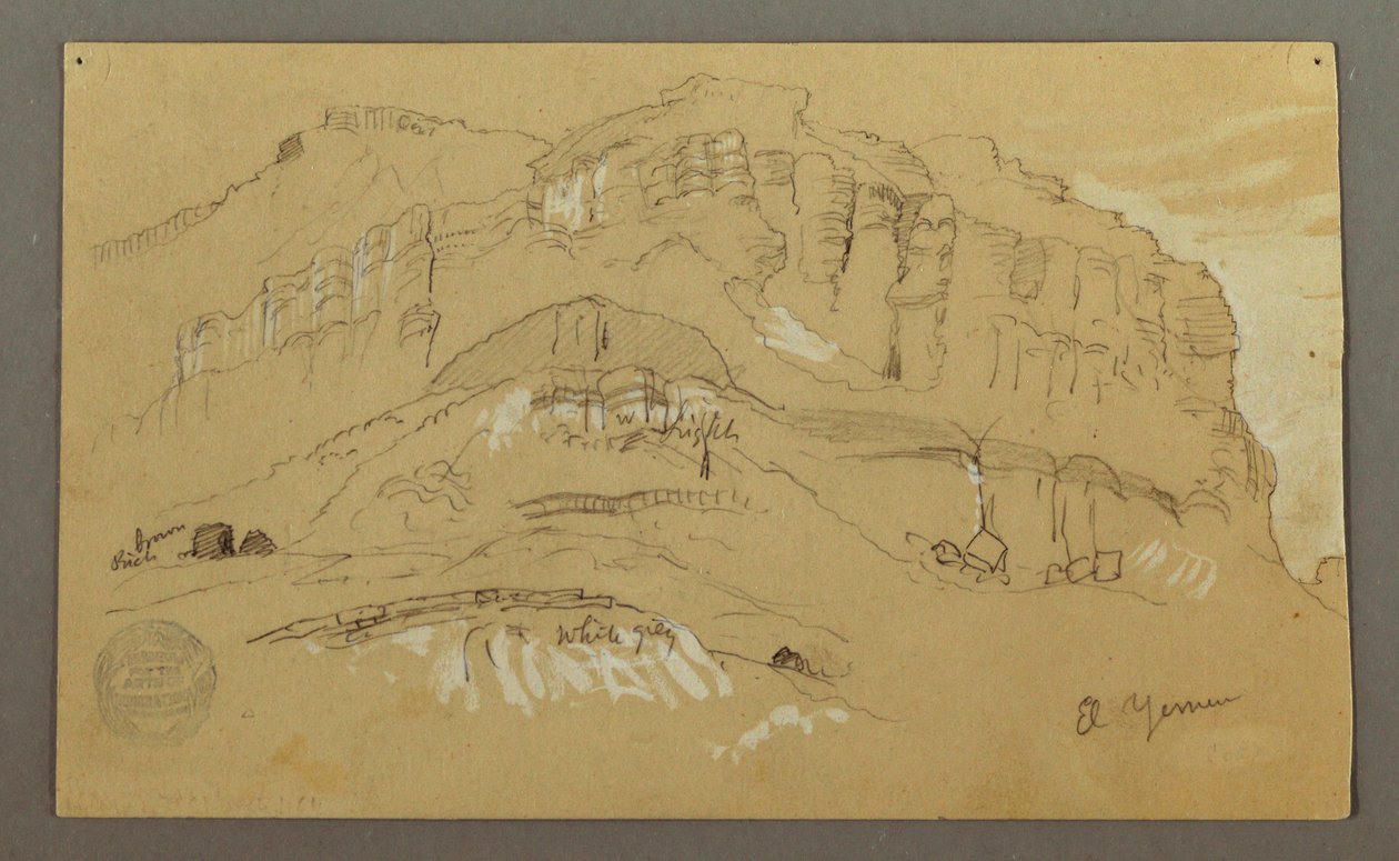 Tekening, El Jemen-vallei, Arabië:  Rotswand, 20 februari 1868 door Frederic Edwin Church