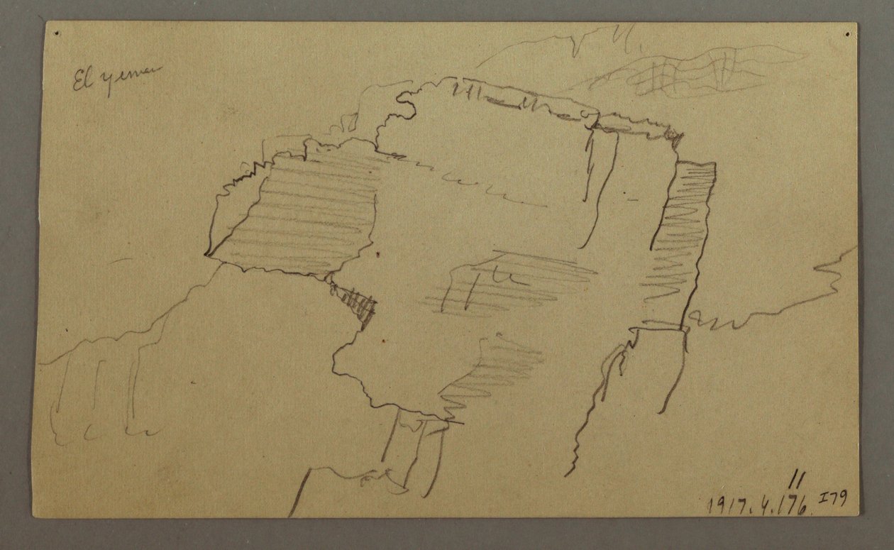 Tekening, El Jemen-vallei, Arabië:  Rotswand, 20 februari 1868 door Frederic Edwin Church