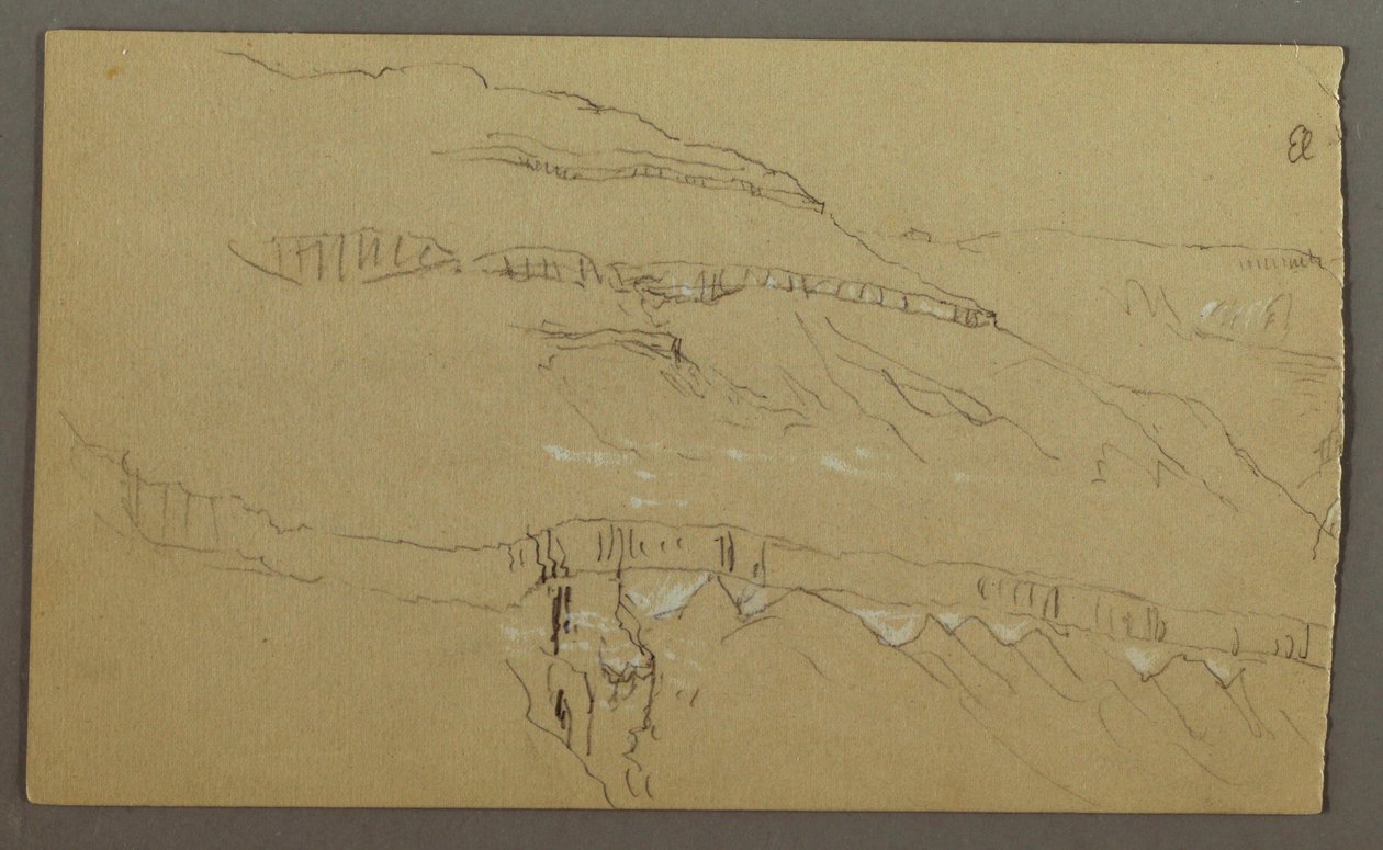 Tekening, El Yemen-vallei, Arabië: Rotsmuur met het bovenste deel dat lijkt op een rij zuilen, 20 februari 1868 door Frederic Edwin Church