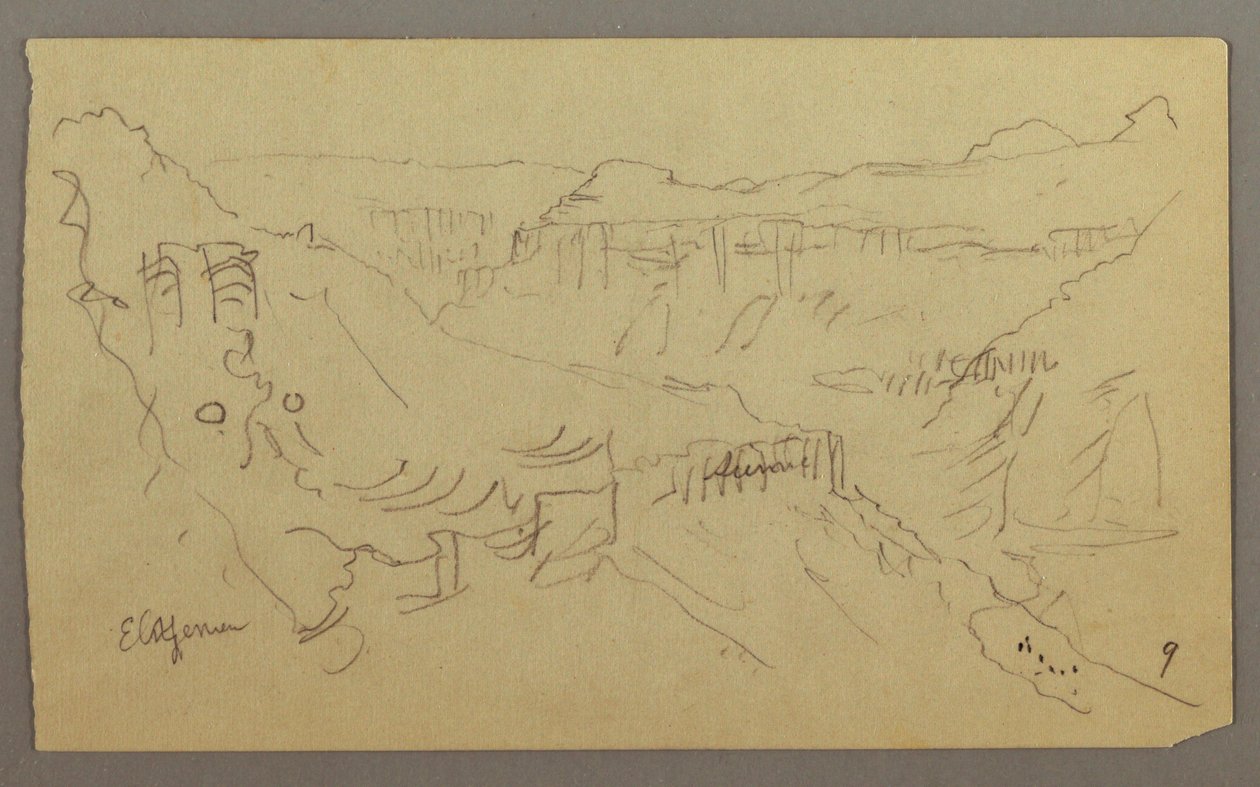 Tekening, El Yemen-vallei, Arabië: Uitzicht op kronkelende vallei met een karavaan, 20 februari 1868 door Frederic Edwin Church