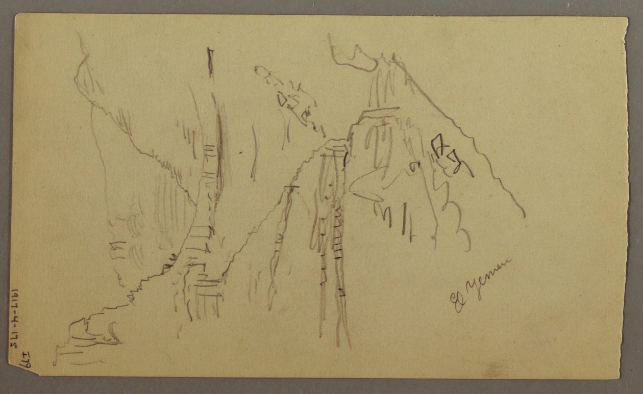 Tekening, El Yemen-vallei, Arabië: Uitzicht op kronkelende vallei met een karavaan, 20 februari 1868 door Frederic Edwin Church