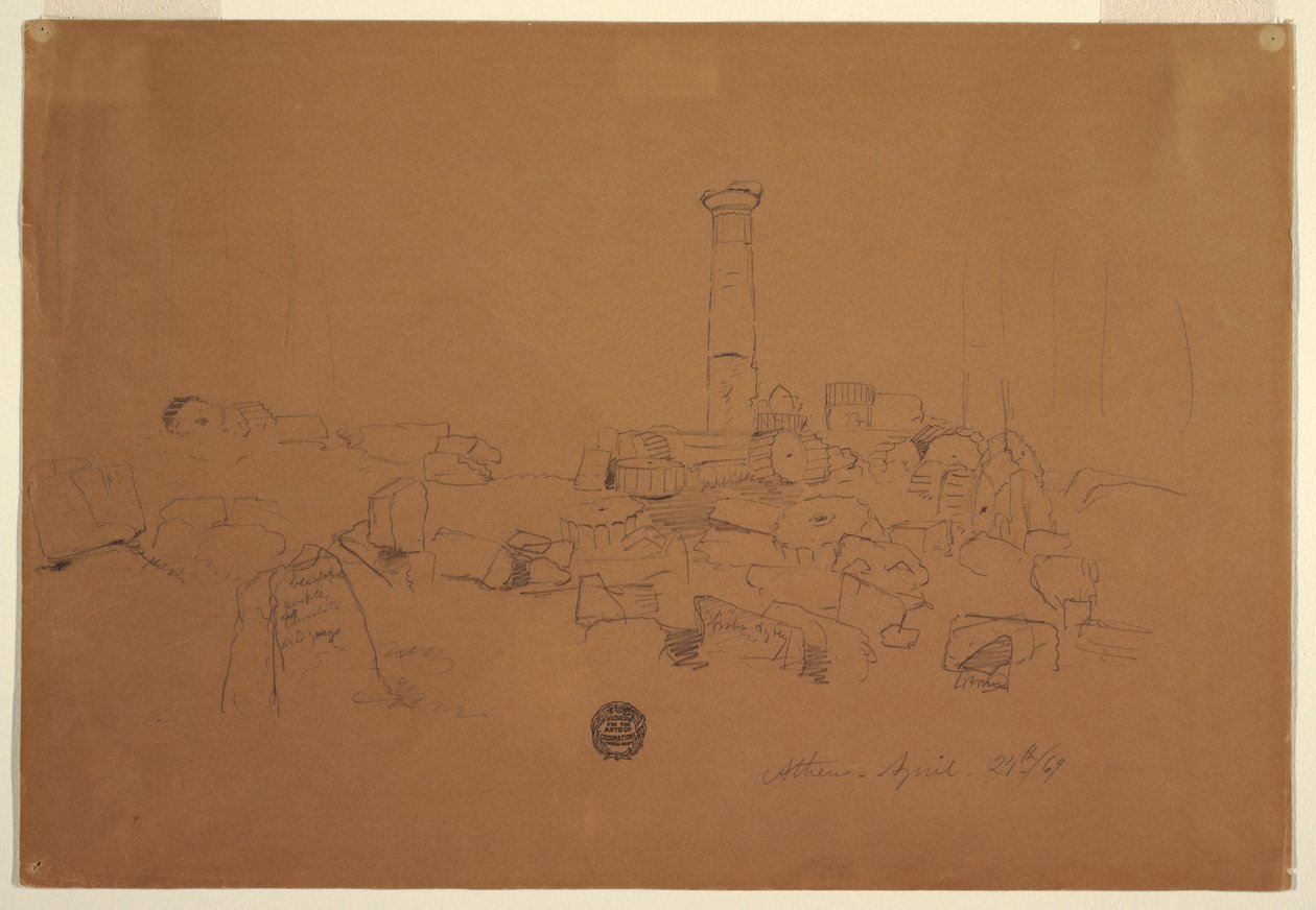 Tekening, Omgevallen zuil, Tempel van de Olympische Zeus, Athene, 24 april 1869 door Frederic Edwin Church