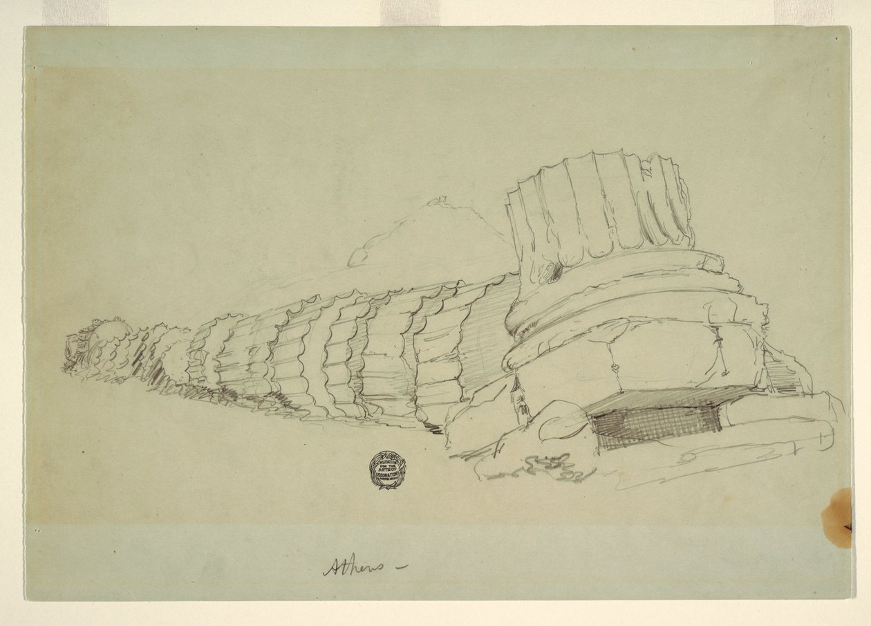 Tekening, Omgevallen zuil van de Tempel van de Olympische Zeus, Athene, april 1869 door Frederic Edwin Church