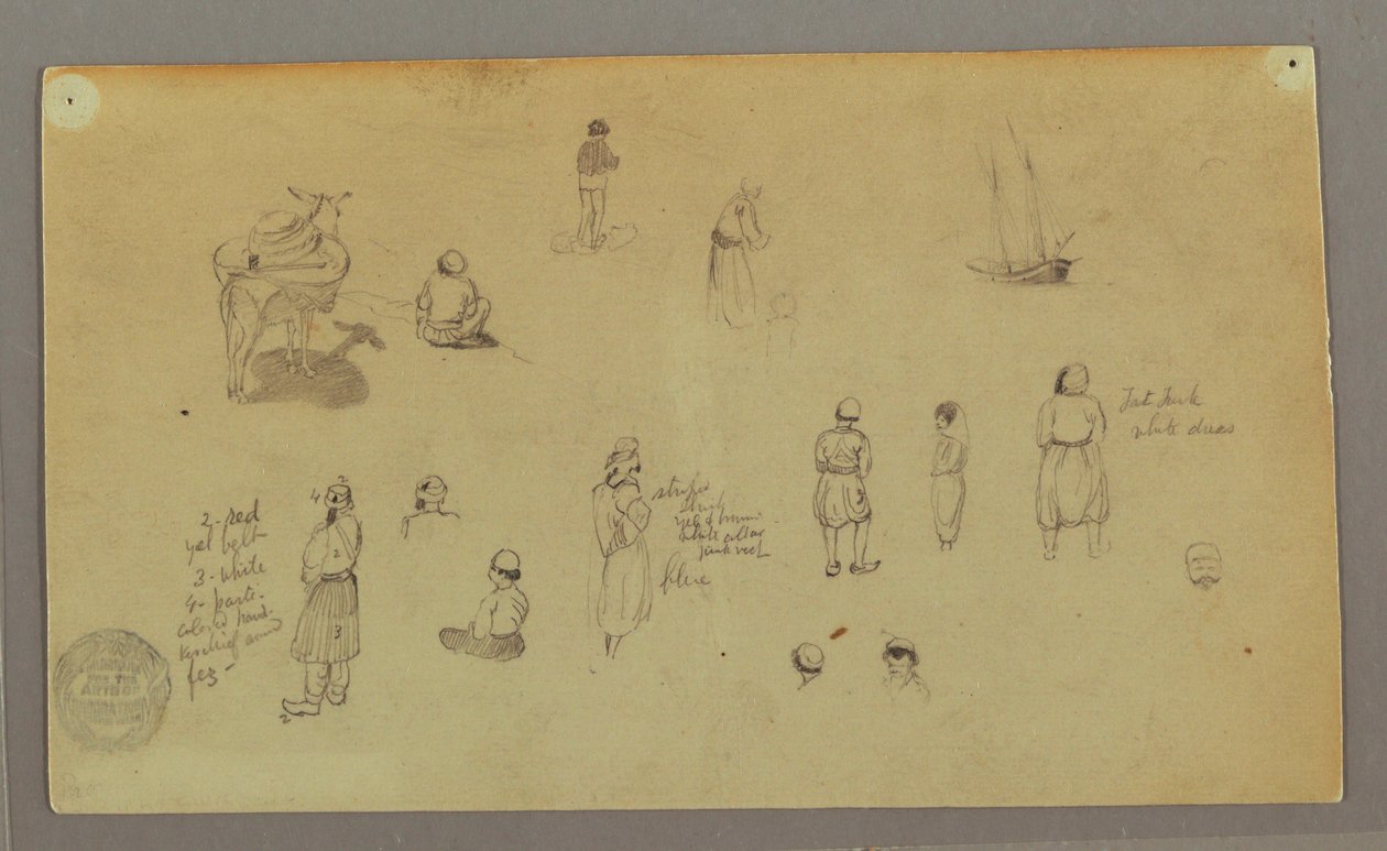Tekening, Figuurstudies, pakezel, zeilboot, mogelijk 1868 door Frederic Edwin Church