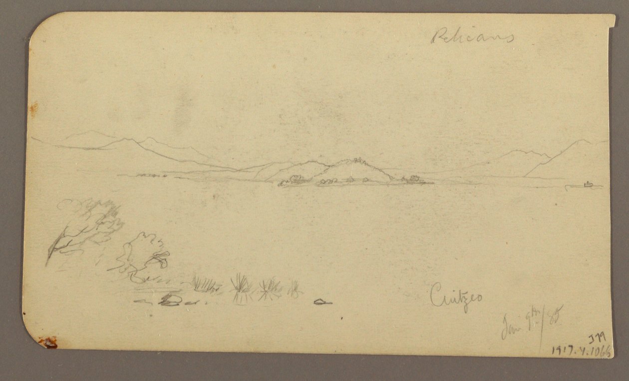 Tekening, Figuur en ossenkar, Cypresboom; Verso: Uitzicht over Cuitzeomeer, januari 1885 door Frederic Edwin Church