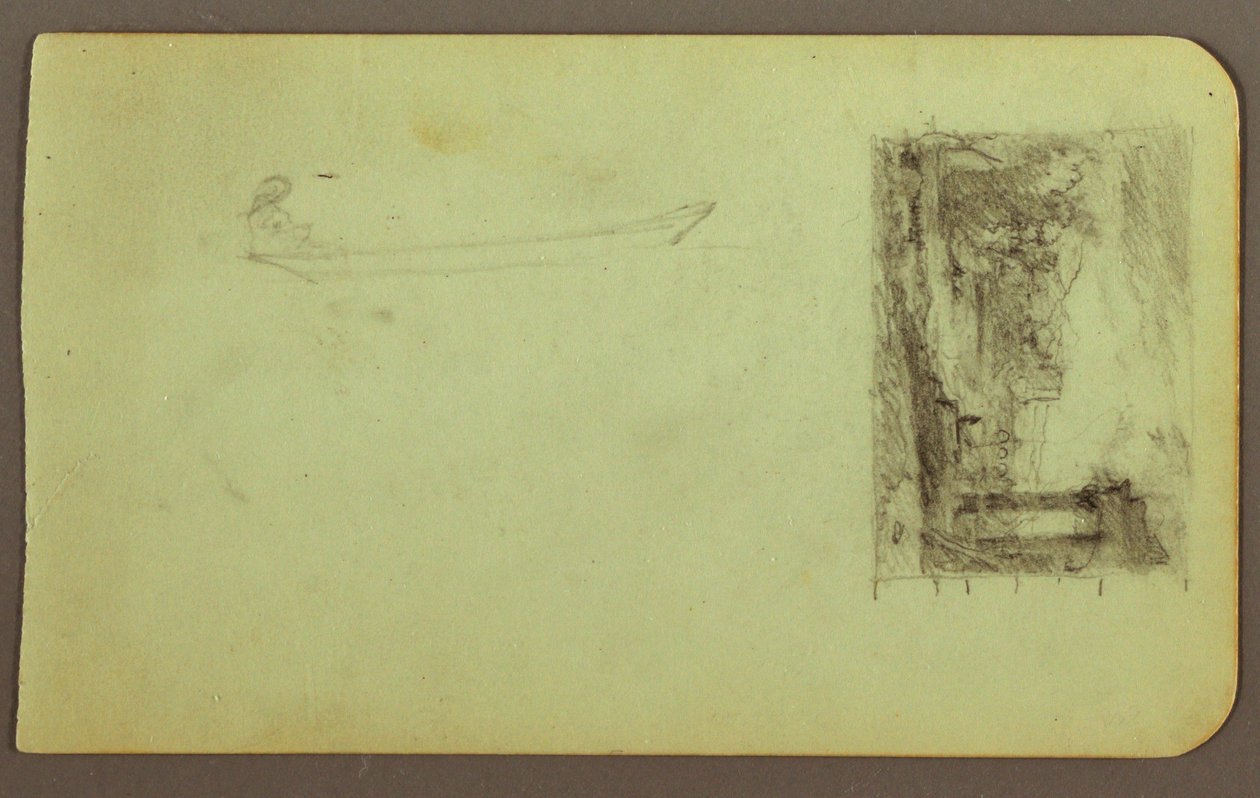 Tekening, Figuur in Skiff, Schets van een schilderij; Verso: Opschriften, december 1883 door Frederic Edwin Church