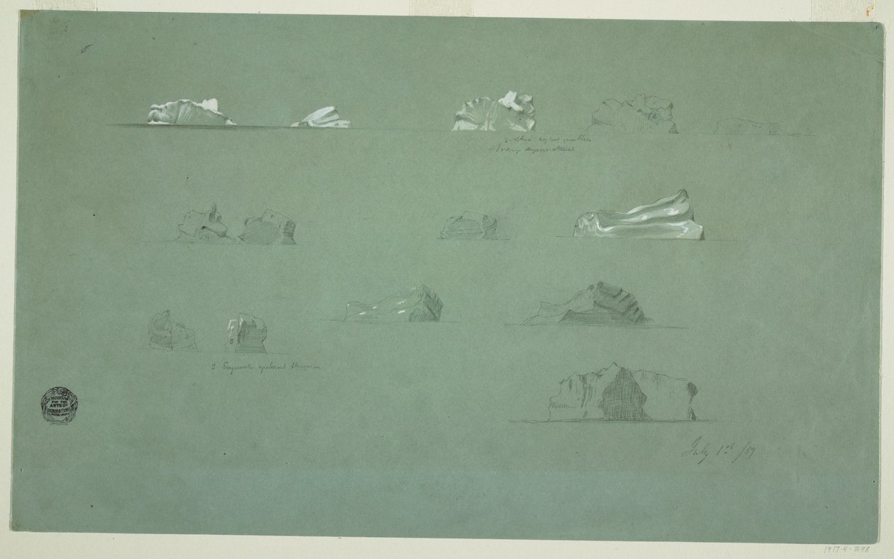 Tekening, Drijvende ijsbergen, 1 juli 1859 door Frederic Edwin Church