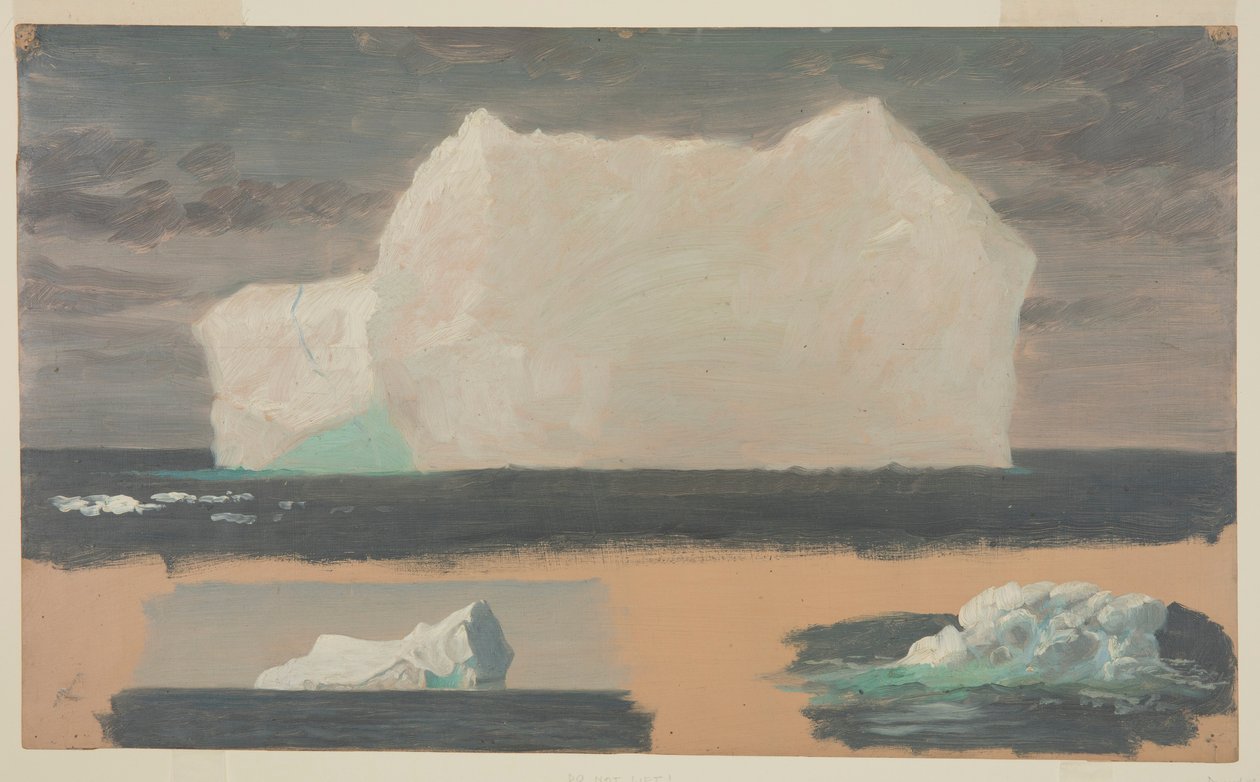 Tekening, Drijvende ijsbergen bij Twillingate, Newfoundland, 4 juli 1859 door Frederic Edwin Church