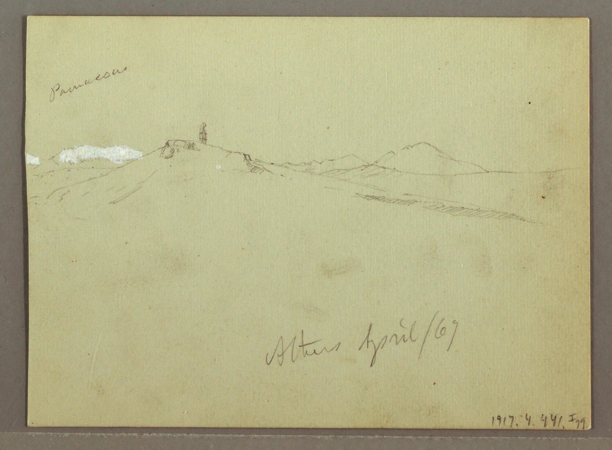 Tekening, Kudde schapen en herder, besneeuwde bergketens, april 1869 door Frederic Edwin Church