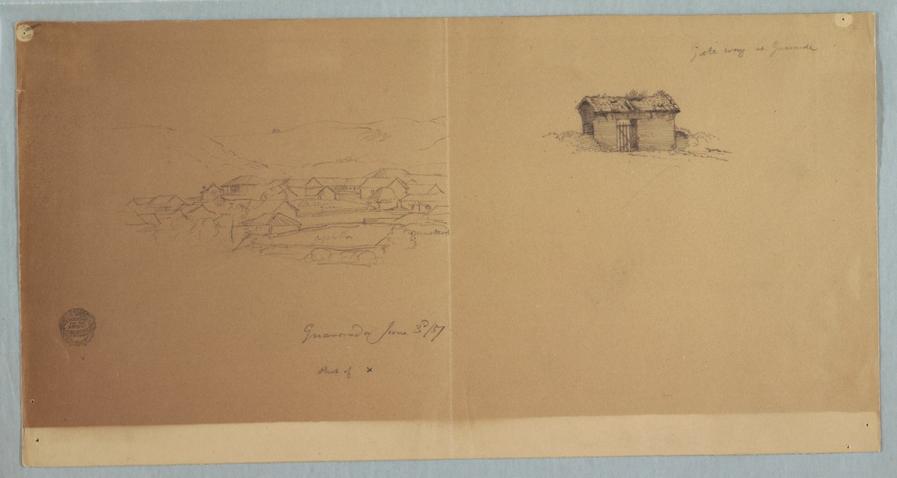 Tekening, toegangspoort en gedeeltelijk zicht op Guaranda, Ecuador, 3 juni 1857 door Frederic Edwin Church