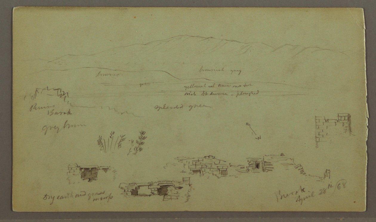 Tekening, heuvelrug over vlakte, ruïnes, 28 april 1868 door Frederic Edwin Church