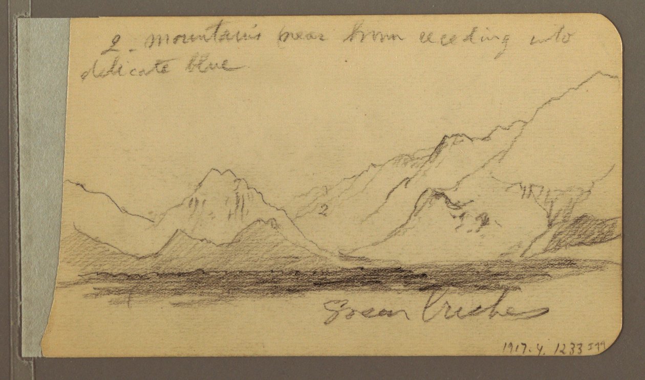 Tekening, Heuvel en bergketens; Verso: Weg in het bos, 1889 door Frederic Edwin Church