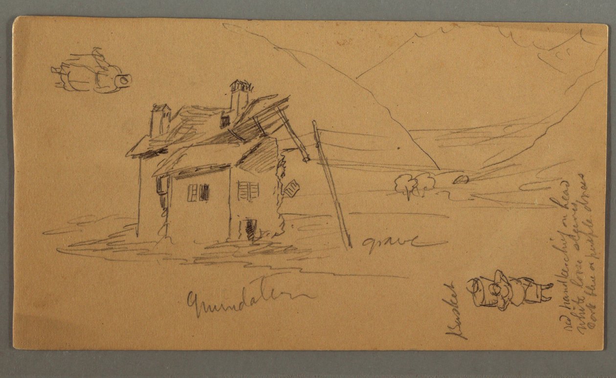 Tekening, Hlaf-Ruined House in Valley, Twee figuren, 1868 door Frederic Edwin Church