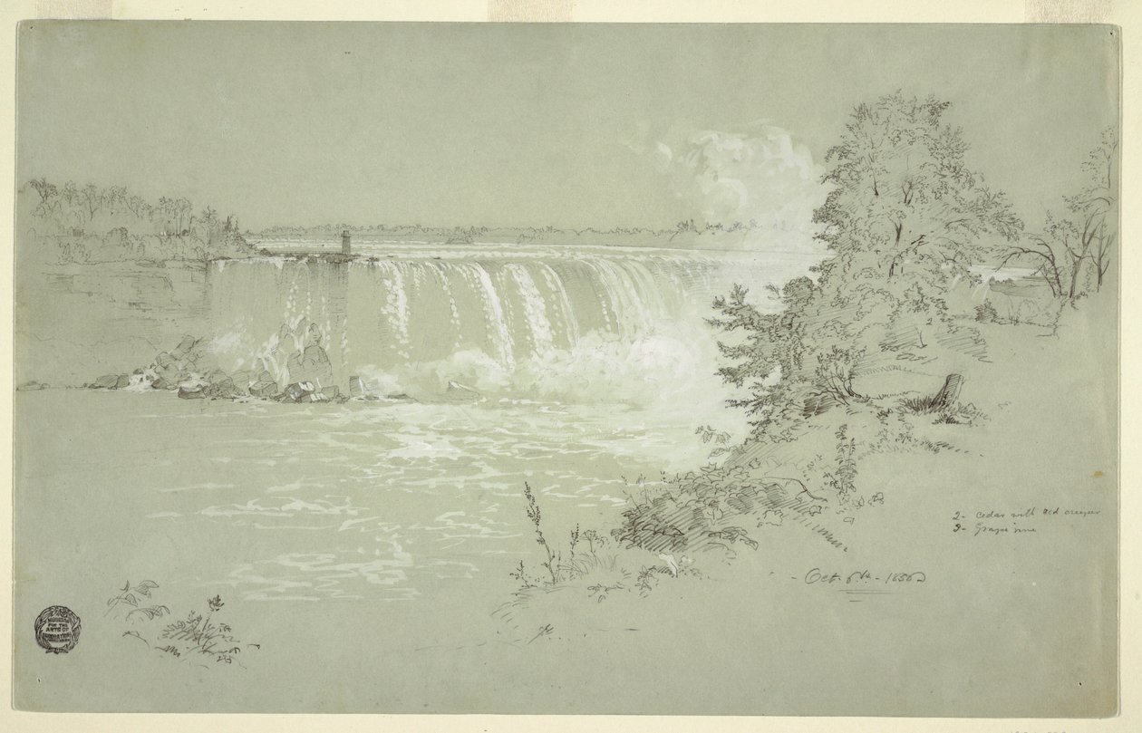 Tekening, Horseshoe Falls en Goat Island van de Canadese Bank, 6 oktober 1856 door Frederic Edwin Church
