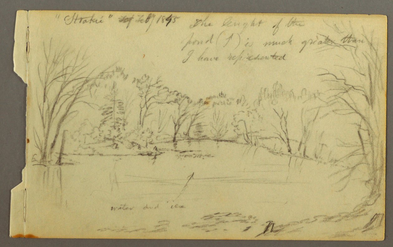 Tekening, Htakie () vijver omzoomd door bomen, 1845 door Frederic Edwin Church