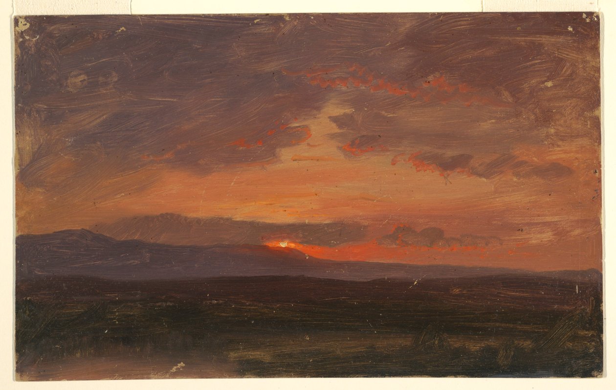 Tekening, Hudson Valley, New York met ondergaande zon achter de Catskill Mountains, 1855-65 door Frederic Edwin Church