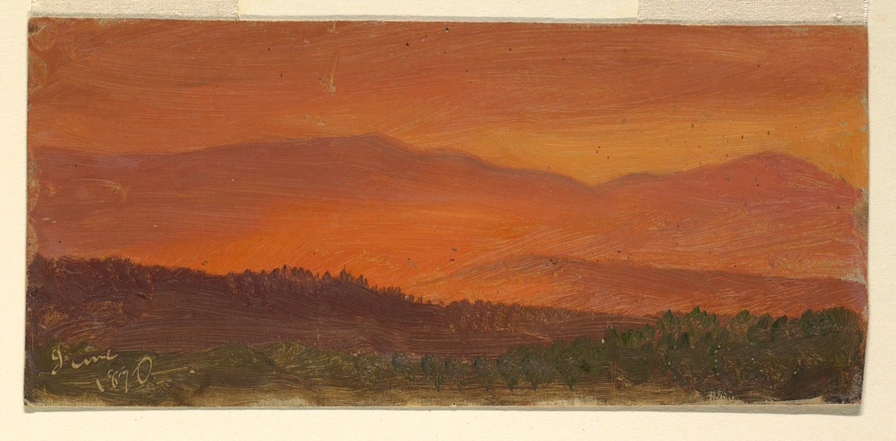 Tekening, Hudson-vallei en verre bergen bij zonsondergang, juni 1870 door Frederic Edwin Church